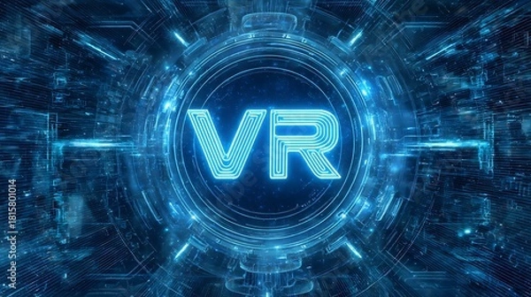 Fototapeta A high-tech interface with a circular, glowing VR logo at its center, surrounded by intricate blue circuitry and glowing lights.