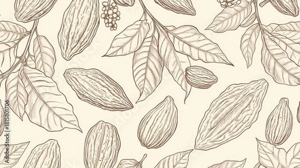 Fototapeta Repeating botanical illustration depicts cocoa pods and foliage in a vintage engraving style