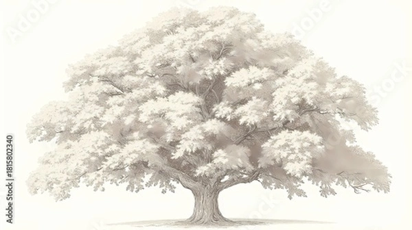 Fototapeta Monumental deciduous tree rendered in a delicate, pale monochrome sketch style