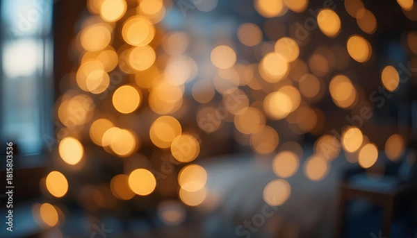Fototapeta Bright, gold Christmas lights with a beautiful night bokeh glow create a stunning, blurred holiday background celebration