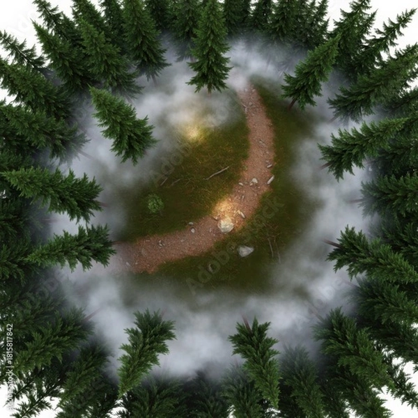 Obraz Tranquil forest clearing with winding path and misty atmosphere from above