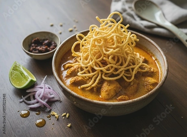 Fototapeta Authentic northern Thai Khao Soi noodle soup with crispy egg noodles, aromatic curry broth, tender chicken, fresh lime, chili paste and onions