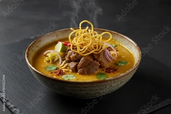 Fototapeta Hot steaming bowl of beef curry noodle soup featuring rich Khao Soi broth, crispy noodles, lime and herbs in traditional Thai style presentation