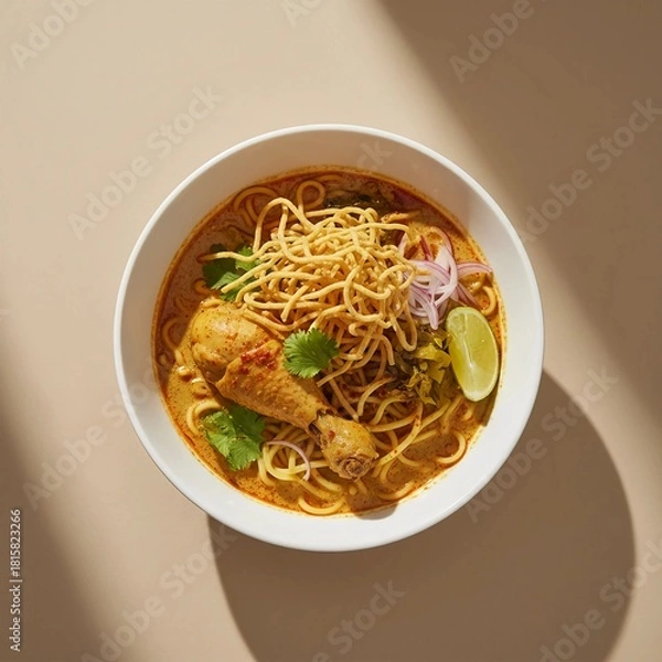 Fototapeta Bright bowl of chicken Khao Soi with golden curry, crispy fried noodles, lime, herbs and vibrant garnishes shot in clean modern food style