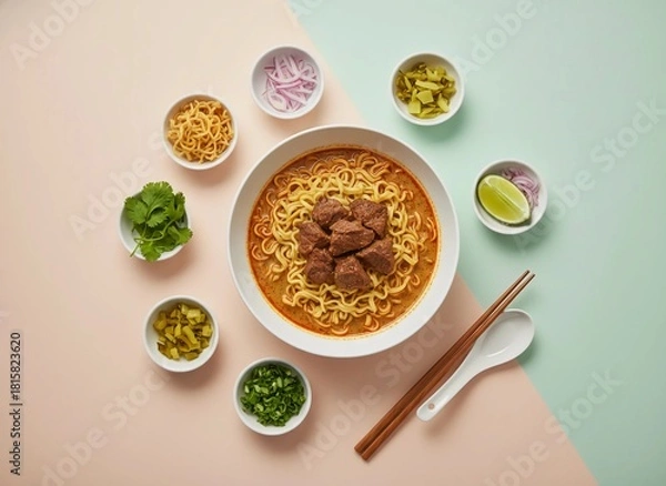 Fototapeta Top view colorful garnished beef Khao Soi noodle soup surrounded by fresh herbs, fried noodles and pickle bowls styled for modern cuisine