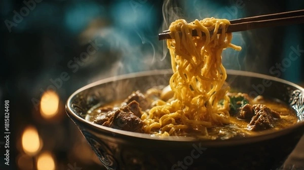 Fototapeta Dramatic steamy noodles lifted above bowl showcasing flavorful Khao Soi beef curry broth, herbs and spices captured with cinematic lighting