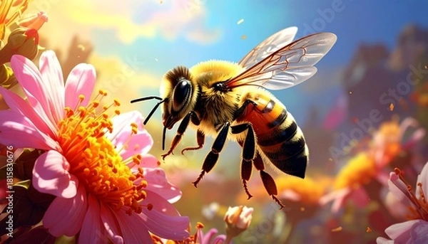 Fototapeta A close-up macro shot of a bee collecting nectar from a vibrant pink flower in a sunlit garden.