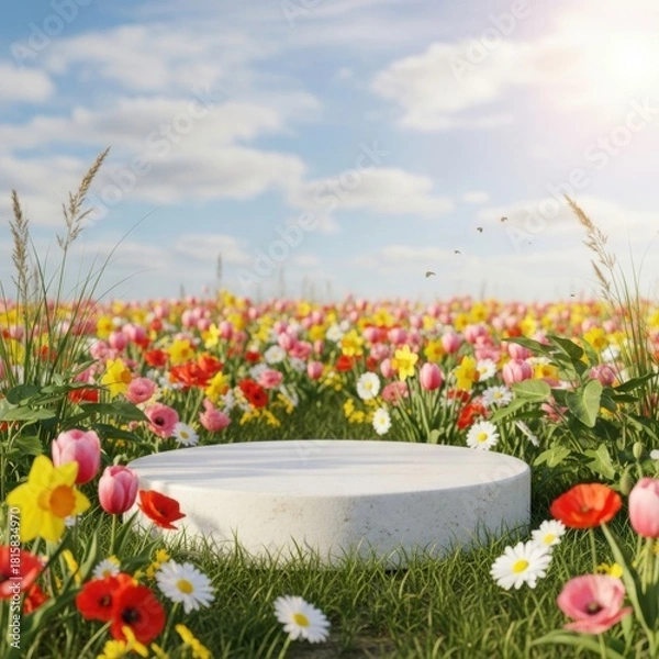 Obraz Sunlit Floral Meadow Display: A Serene Presentation Stage amidst Vibrant Blooms