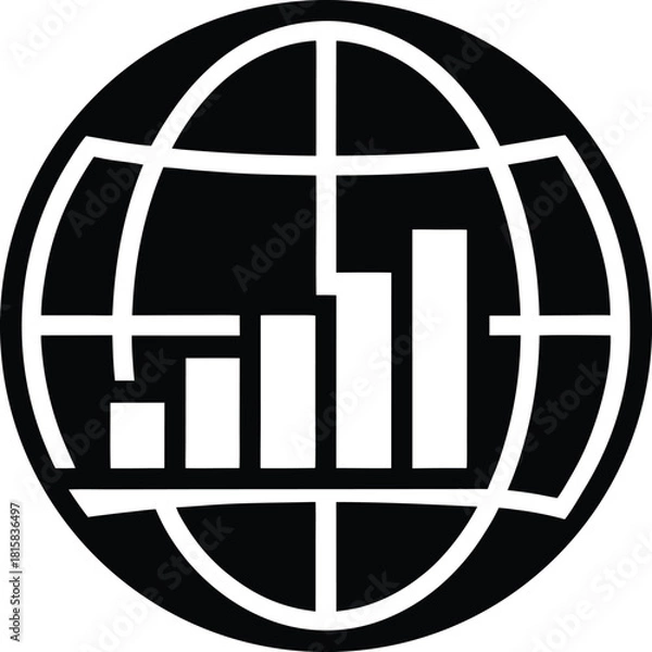Fototapeta Minimalist globe with rising bar chart icon representing global growth and data analysis