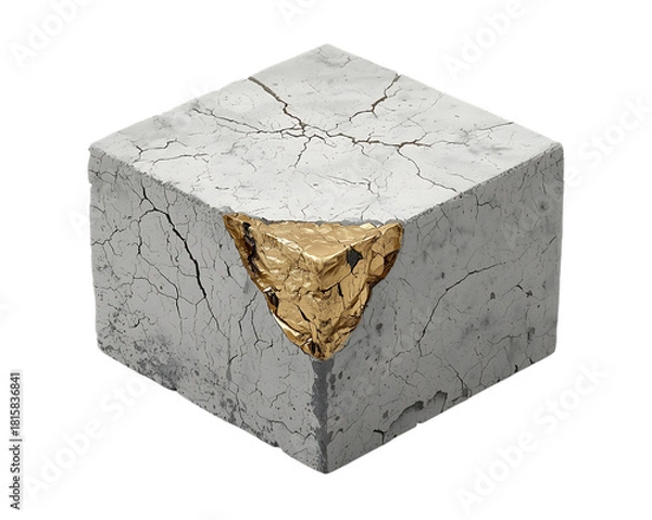 Fototapeta Cracked concrete cube revealing golden nugget abstract concept.