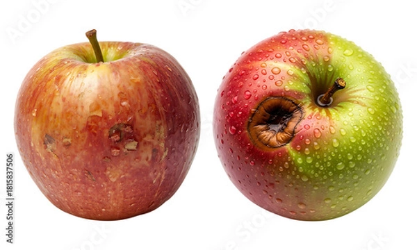 Fototapeta Two apples: one fresh with blemishes, another with a rot spot