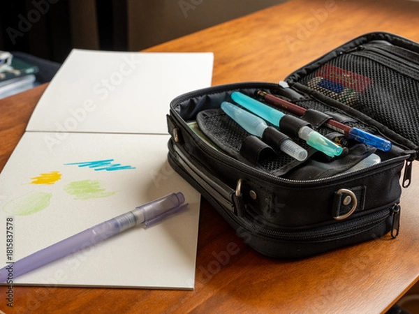 Fototapeta 画用紙と水筆ペンとポーチ