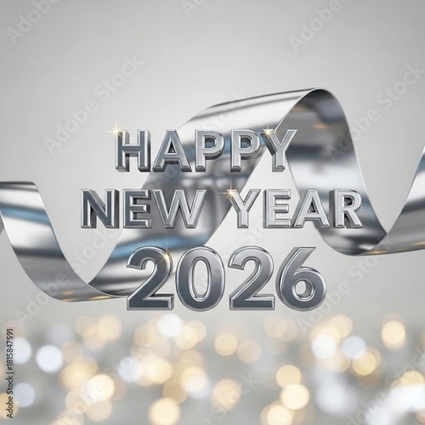 Obraz Happy new year 2026 metallic text and ribbon bokeh