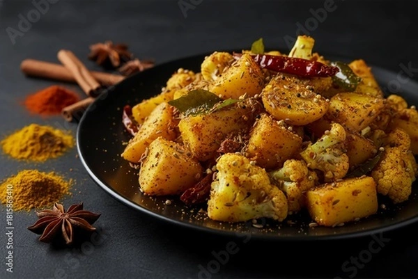 Fototapeta Spiced potatoes and cauliflower dish known as Aloo Gobi topped with seeds curry leaves and herbs on a black plate