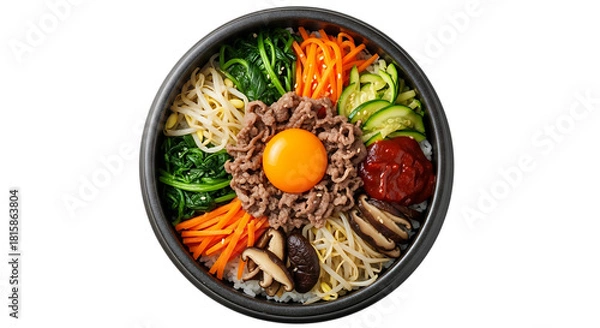 Obraz Delicious and Vibrant Bibimbap Korean Mixed Rice Dish Featuring Fresh Vegetables Egg and Seasoned Beef on Black Background a Culinary Delight