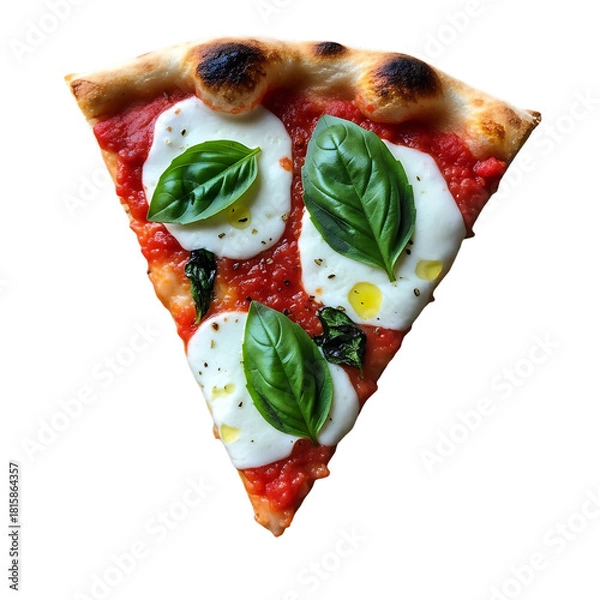 Fototapeta Close up of a slice of pizza margherita with fresh basil leaves and tomato sauce creating a delicious and appetizing dish against black background