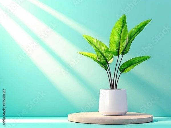 Fototapeta A vibrant green plant in a white pot sits on a wooden stand, illuminated by dramatic light rays against a turquoise background.