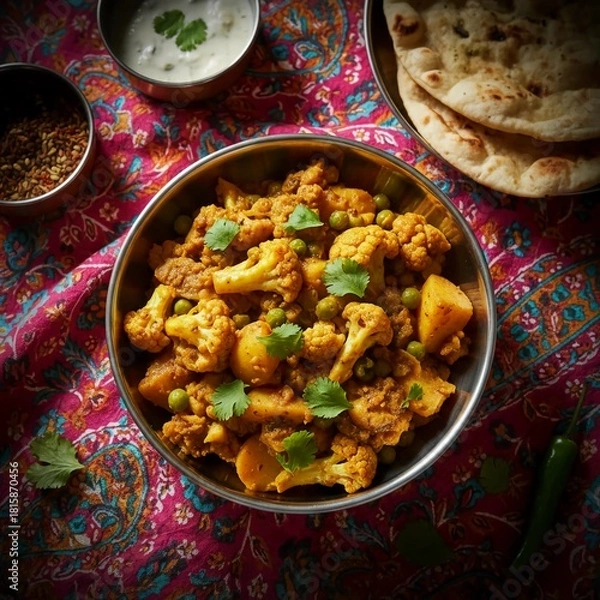 Fototapeta Colorful traditional Aloo Gobi served with peas naan and raita creating a delicious Indian meal full of vibrant spices