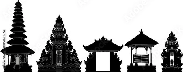 Fototapeta Silhouettes of traditional Balinese temple architecture, featuring various ornate gates, multi-tiered meru towers, and pavilions against a white background.