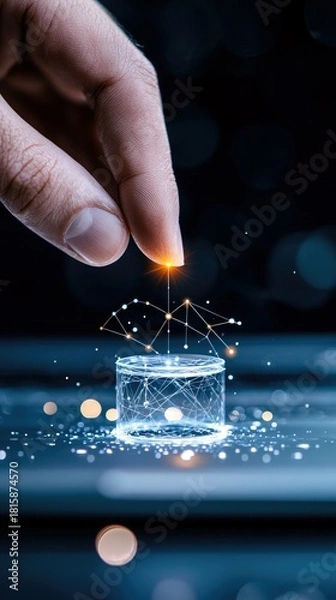 Obraz A hand's fingertip touches a bright point of light, activating a glowing, interconnected network structure that rises from a transparent, illuminated cylinder.