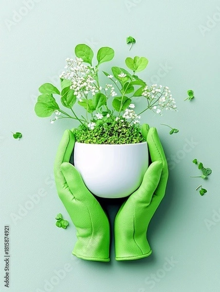 Fototapeta Green-gloved hands cradle a white pot filled with vibrant green sprouts and delicate white flowers, with scattered clover leaves adding a touch of nature.