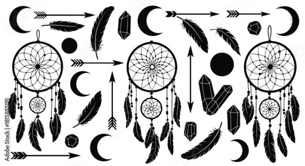Fototapeta Bohemian dreamcatcher feather arrow and moon elements silhouette