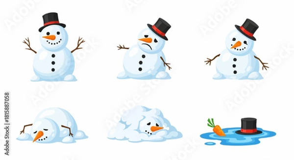 Fototapeta Six snowmen in various stages of melting, from cheerful to completely melted, isolated on a white background.