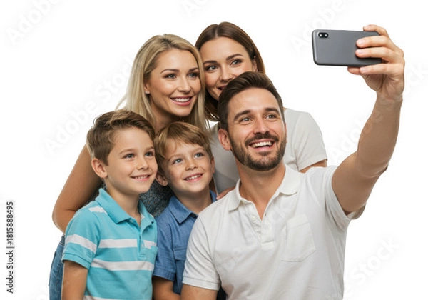Fototapeta Happy family taking a selfie together isolated on transparent background