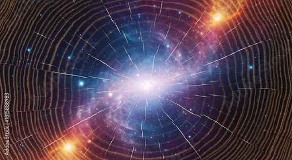 Fototapeta Cosmic light burst radiating through a dark tunnel with organic concentric ring patterns and scattered stars