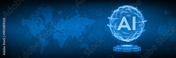 Obraz Artificial Intelligence concept background with glowing AI text in digital sphere and world map, futuristic blue technology banner for global data network and innovation