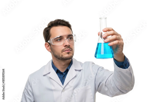 Fototapeta Scientist holding blue liquid in erlenmeyer flask isolated on transparent background