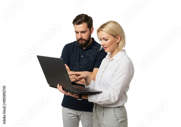 Fototapeta Two colleagues collaborating on a laptop isolated on transparent background