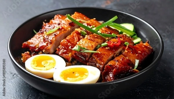 Fototapeta Delicious Char Siu Pork Bowl with Soft Boiled Eggs.