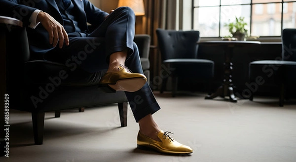 Obraz Man in blue suit and golden shoes relaxing