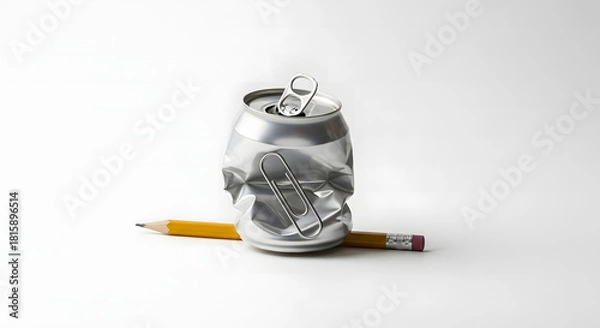 Fototapeta Crushed soda can, paperclip, and pencil still life evokes creative burnout, deadlines, and recycling concepts for a modern business message