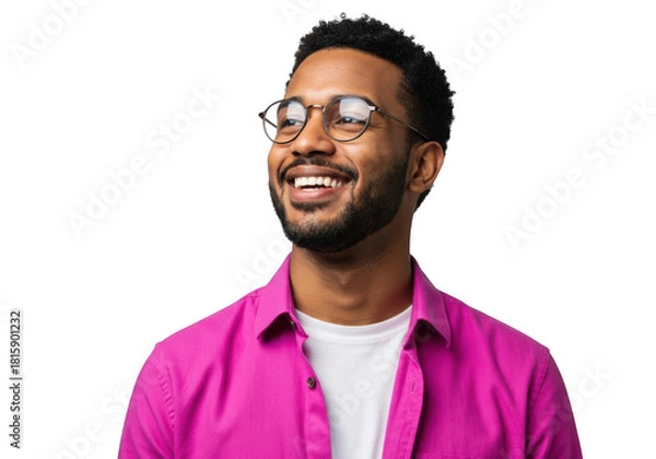 Fototapeta Smiling man wearing glasses and a pink shirt isolated on transparent background