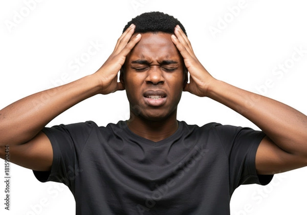 Fototapeta Man holding head in distress isolated on transparent background