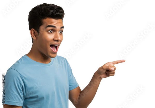 Obraz Young man pointing with surprise isolated on transparent background