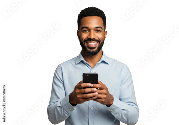 Fototapeta Smiling man holding smartphone isolated on transparent background