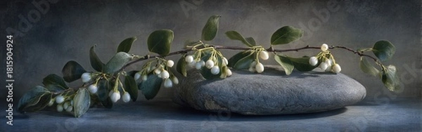 Fototapeta Delicate White Berries On Branch Against Gray Stone