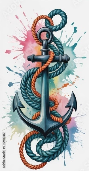 Obraz Watercolor anchor with ropes, nautical themed art, marine illustration for tattoo and decor use
