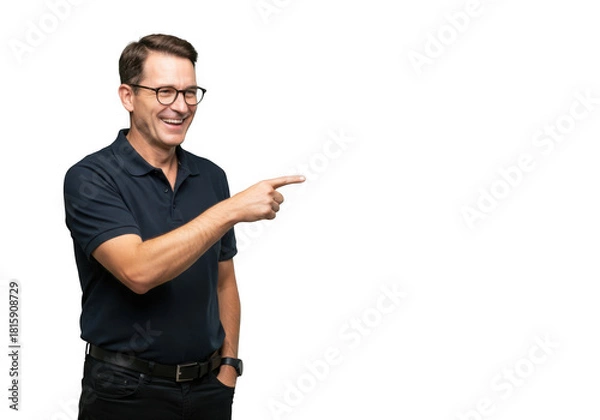 Fototapeta Smiling man wearing glasses pointing to the right isolated on transparent background