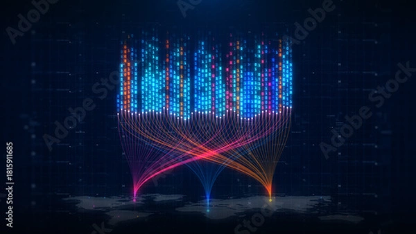Obraz Colorful digital data streams flow across a global network with binary code, representing big data, AI, analytics, cloud processing, and futuristic technology systems. 3D rendering