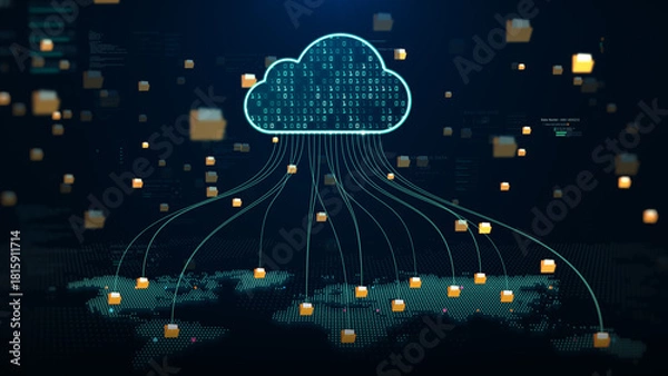 Obraz Digital file folders are transferred to cloud storage over a global network, symbolizing data upload, cloud computing, backup systems, cybersecurity, and modern digital infrastructure. 3D rendering