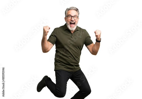 Fototapeta Excited older man jumping with fists raised isolated on transparent background