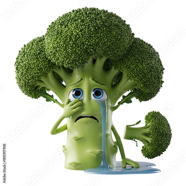 Fototapeta Heartbroken broccoli character shedding tears over lost floret, a whimsical vegan food concept with a touch of humor, perfect for healthy eating campaigns