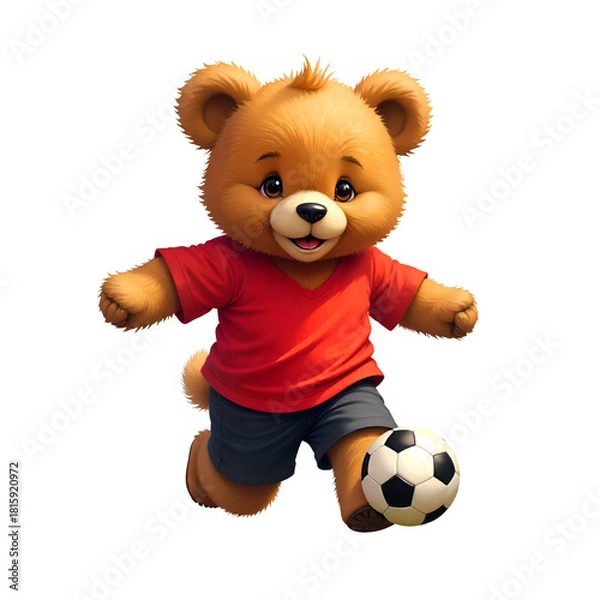 Fototapeta Teddy bear playing soccer with a ball, active and happy cartoon character (Transparent Background)