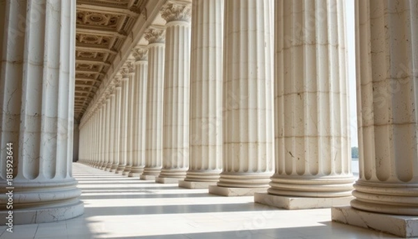 Fototapeta Elegant architectural columns casting shadows in bright sunlight, showcasing lines and texture of ancient design