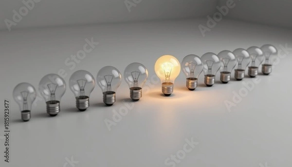 Fototapeta Unique light bulb among standard bulbs, symbolizing creativity, innovation, and individuality in a modern setting