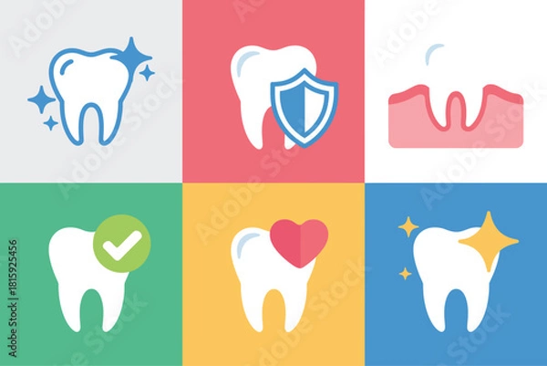 Obraz Tooth care icons grid, healthy tooth with check mark, shield protection, bleeding gum symbol, heart, star sparkle, vector